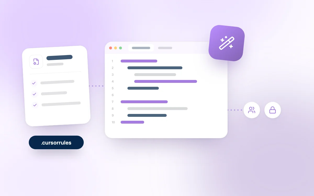 Illustration of an AI IDE shared across a team: connected editors, project rules and shared context