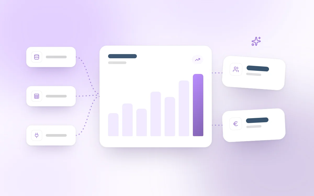 Low-poly illustration of a BI dashboard: KPI screens, charts and connected databases